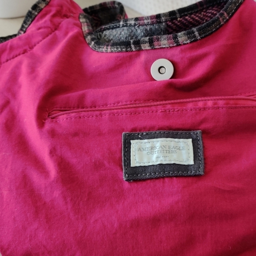 American Eagle Outfitters Gray, Magenta and Brown Flannel plaid Handbag - Picture 3 of 11